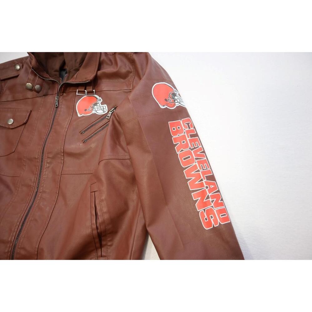 NFL‎ Cleveland Browns Pleather Military Cargo Jacket Hooded Mens Size Large - Picture 6 of 11